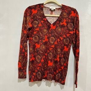 LOFT Womens Paisley Print V Neck‎ Long Sleeve Cotton Knit Sweater Top Size S